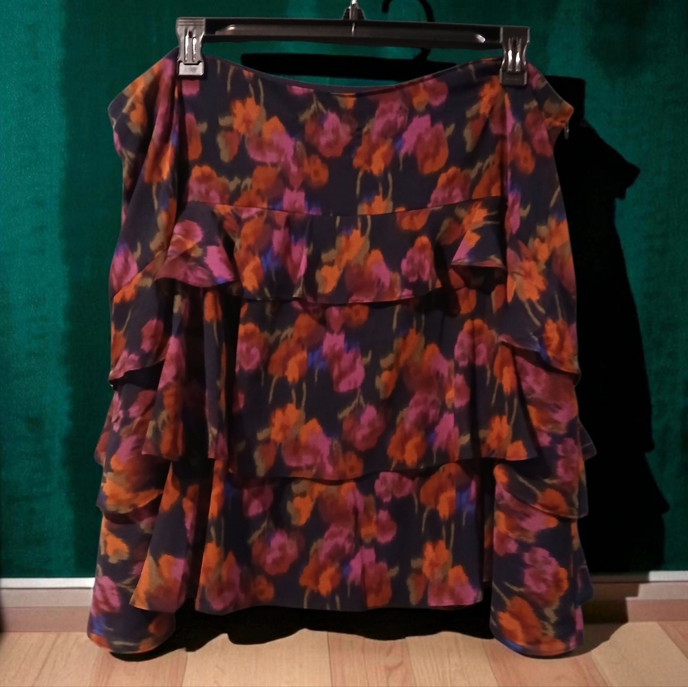 Ralph Lauren Black Label Mini Pink Black Floral Ruffle Skirt 18W Dark Romantic